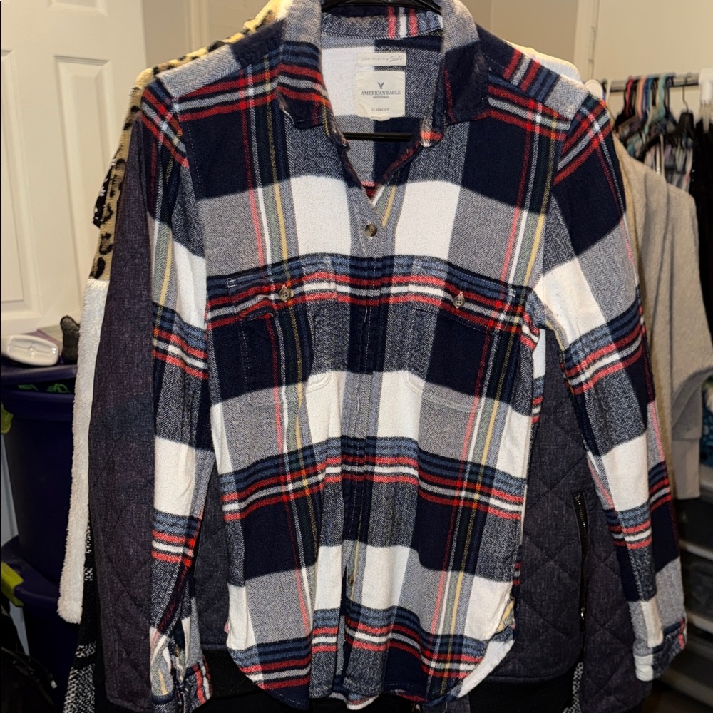 American Eagle Outfitters Plaid Button Down Shirt - Navy, Red, White